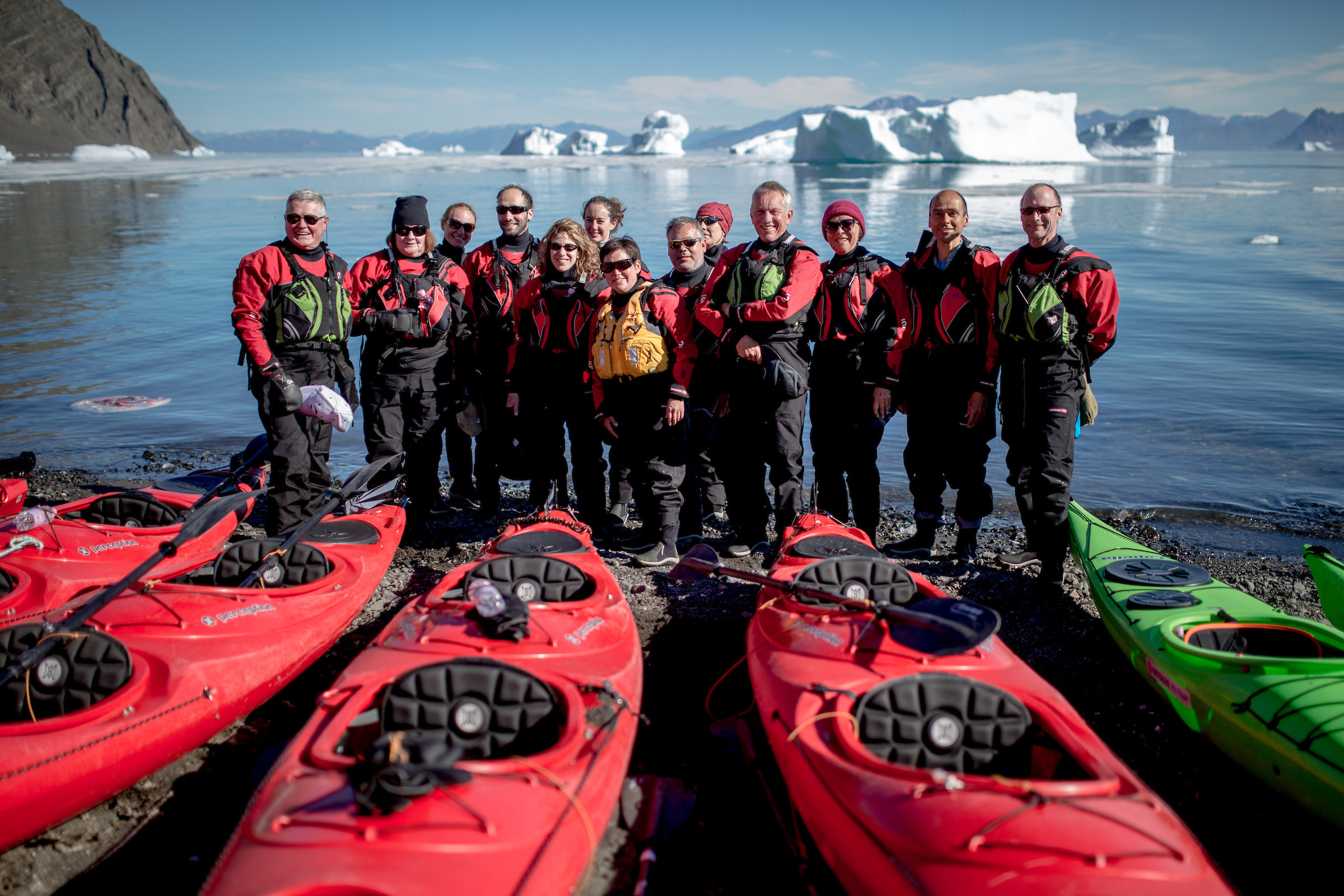 A group of kayakers from MS Fram on the beach in Illorsuit in Greenland